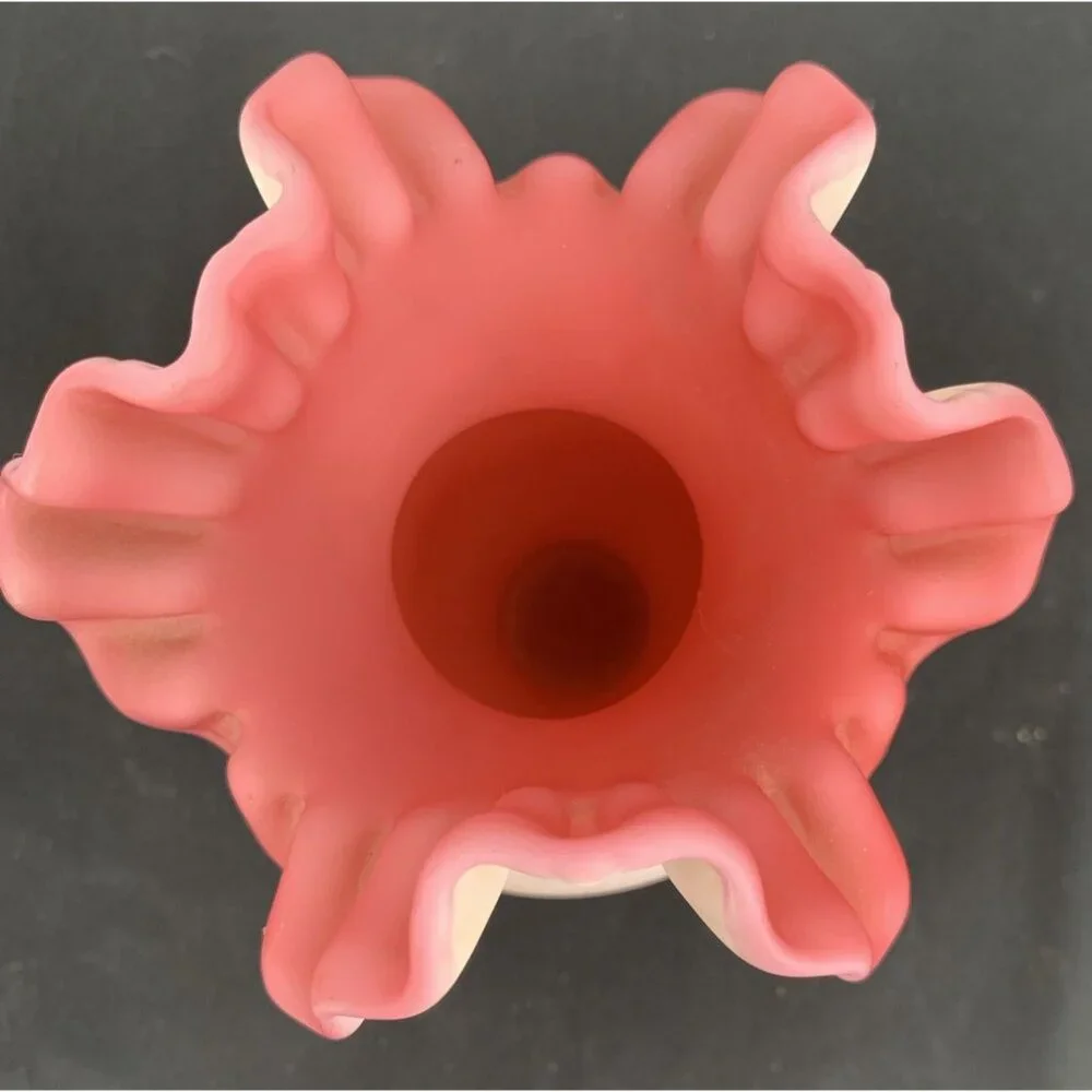 Fenton Vase Satin Glass White Pink Ruffled Edge Melon 7